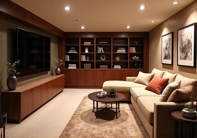 After basement finishing: Inviting basement living area with custom shelving and plush seating