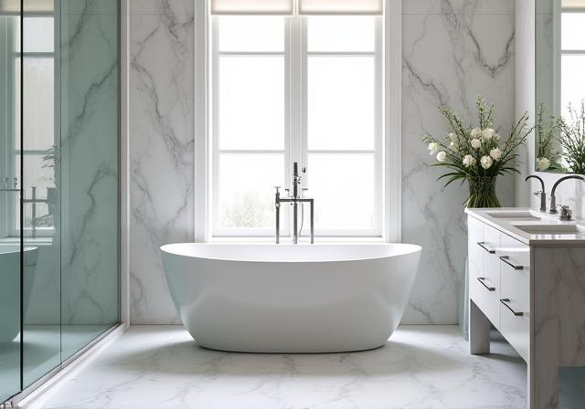 After master bathroom remodel: Luxurious bathroom with marble tiles and a freestanding tub