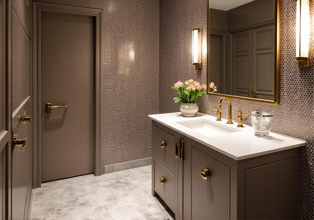 After ensuite bathroom update: Elegant bathroom with mosaic tiles and a unique vanity
