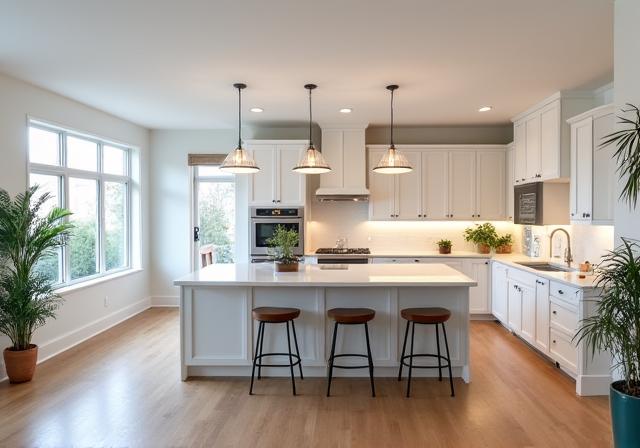 After kitchen renovation: Bright open concept kitchen with white cabinets and a large island