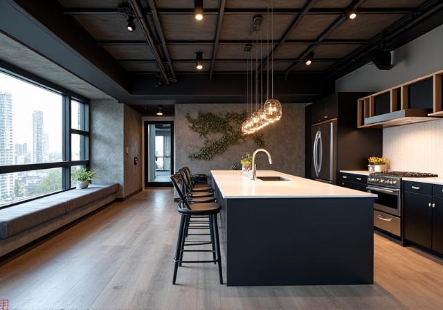 After open concept kitchen transformation: Sleek kitchen with dark industrial elements and bright lighting
