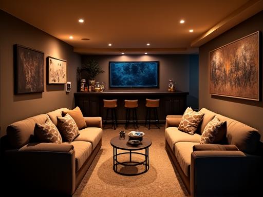 A finished basement with a comfortable seating area, dim lighting, and a small bar