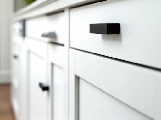 Close-up of elegant, custom-built white kitchen cabinets with dark handles