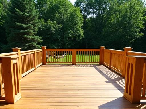 A newly constructed wooden deck with railings in a green backyard