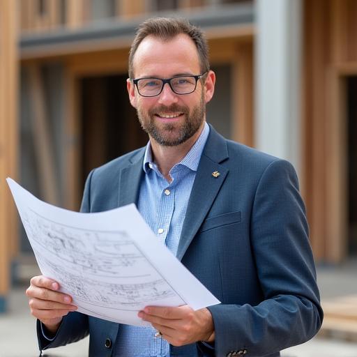 Founder of Solace Craftworks on a construction site, reviewing blueprints